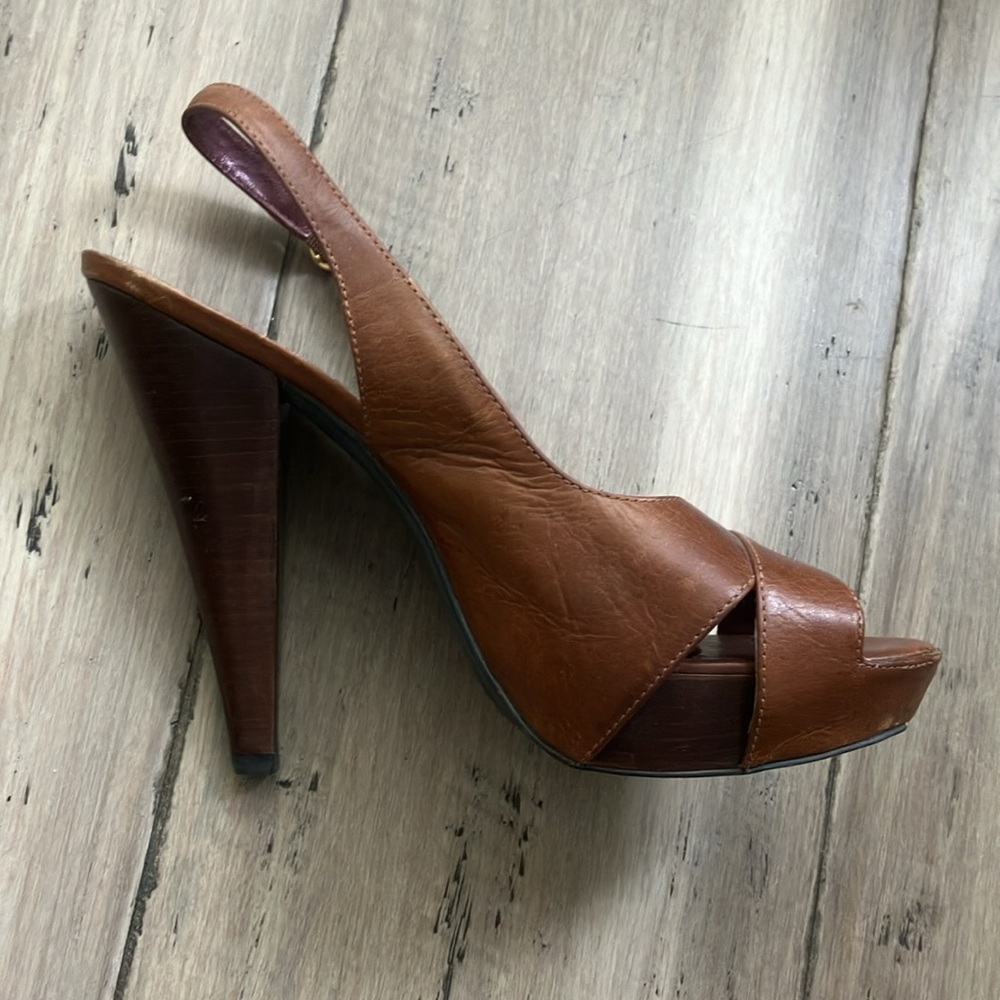 Steve Madden X Revolve leather Cognac platform sling back heels 8 - Picture 8 of 12